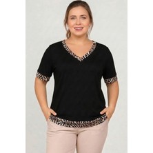 Curvy Trend Büyük Beden V Yaka Kolucu Etek Leopar Garnili Kısa Kol Bluz