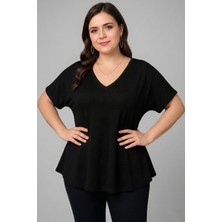 Curvy Trend Büyük Beden V Yaka Kısa Kol Geniş Etekli Bluz