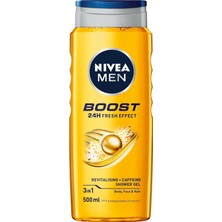 Mey İthalat Nıvea Men Boost Duş Jeli 500 Ml, 3'ü 1 Arada Komple Bakım, Vücut, Saç ve Yüz Için, Kafein ile Canlandırıcı Bakım