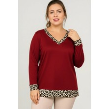 Curvy Trend Büyük Beden V Yaka Kolucu Etek Leopar Garnili Uzun Kol Bluz