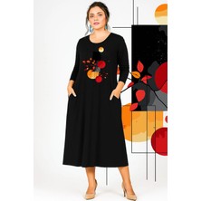 Curvy Trend Geometrik Baskılı Geniş Kesim Uzun Kol Viskon Elbise