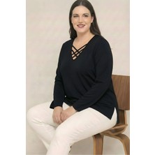Curvy Trend V Yaka Çapraz 4 Bantlı Yan Yırtmaçlı Uzun Kol Likralı Viskon Kumaş Bluz (Triko Kazak Değildir)