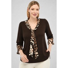 Curvy Trend Büyük Beden Leopar Desenli Kravat ve Volan Truvakar Kol Yan Yırtmaçlı Bluz