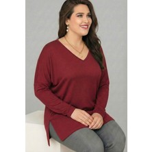 Curvy Trend Büyük Beden V Yaka Uzun Kol Yan Yırtmaçlı Viskon Bluz