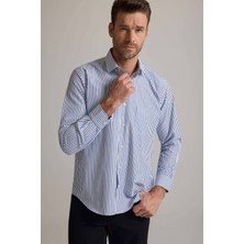 Ysf Erkek Mavi Regular Fit Pamuklu Çizgili Gömlek