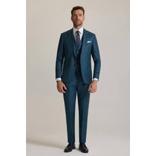 Erkek Yeşil Slim Fit Sivri Yaka Yelekli %100 Yün Takım Elbise