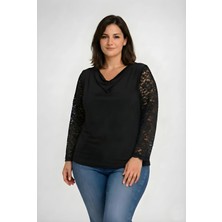 Curvy Trend Büyük Beden Degaje Yaka Uzun Dantel Kol Bluz Siyah