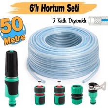 Badem10 Şeffaf Üç Katlı Sağlam Bahçe Hortumu (50 Metre) Çeşme Su Sulama Hortum 6'lı Bağlantı Adaptör Seti