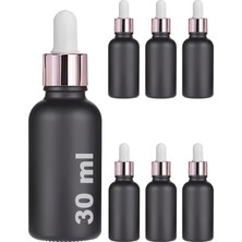 Mey İthalat 30 ml Mat Siyah Cam Damlalıklı Serum Şişesi 30 cc Renkli Metal Kapaklı Dropper Cam Şişe 6 Adet (Rose Gold Yüzük | Beyaz Lastik)