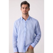 Ysf Erkek Mavi Slim Fit Klasik Yaka Keten Gömlek