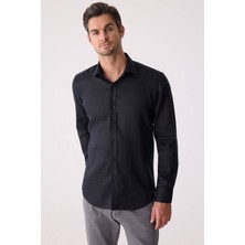 Ysf Erkek Siyah Slim Fit Klasik Yaka Keten Gömlek