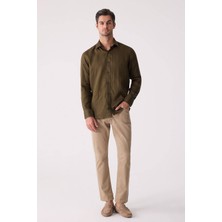 Ysf Erkek Haki Yeşil Slim Fit Klasik Yaka Keten Gömlek