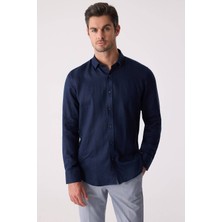 Ysf Erkek Lacivert Slim Fit Klasik Yaka Keten Gömlek