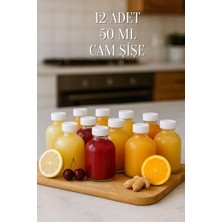 Mey İthalat 12 Adet Cam 50 ml Mini Shot Ginger Detox Şişe Plastik Sızdırmaz Kapaklı Kolonya Küçük Kavanoz