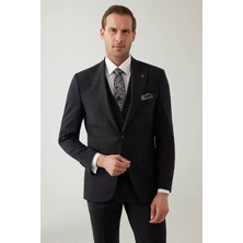 Ysf Erkek Siyah Slim Fit Sivri Yaka Yelekli %100 Yünlü Takım Elbise