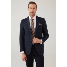 Ysf Erkek Lacivert Regular Fit Mono Yaka Kareli Yün Karışımlı Ceket