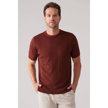 Ysf Erkek Taba Slim Fit Bisiklet Yaka Çizgili Desenli Tişört