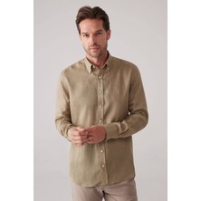 Ysf Erkek Haki Yeşil Slim Fit Yaka Düğmeli %100 Keten Gömlek