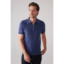 Ysf Erkek İndigo Mavi Slim Fit Örgü Desen Fermuarlı Polo Yaka Tişört