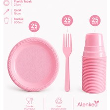 Alenked Pembe 3’lü Plastik Tabak Bardak Çatal Seti 25 Kişilik