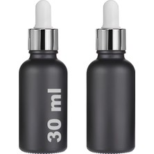Mey İthalat 30 ml Mat Siyah Cam Damlalıklı Serum Şişesi 30 cc Renkli Metal Kapaklı Dropper Cam Şişe 2 Adet (Gümüş Yüzük | Beyaz Lastik)