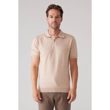 Ysf Erkek Bej Slim Fit Kaşmir Karışımlı Polo Yaka Tişört