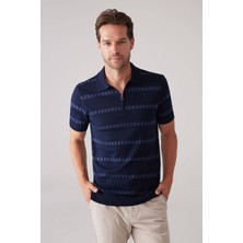 Ysf Erkek Lacivert Slim Fit Pamuk Karışımlı Fermuarlı Desenli Tişört