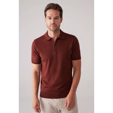 Ysf Erkek Taba Slim Fit Fermuar Detaylı Polo Yaka Triko Tişört