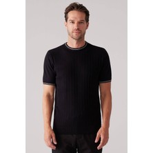 Ysf Erkek Siyah Slim Fit Bisiklet Yaka Çizgili Saç Örgü Kısa Kollu Tişört
