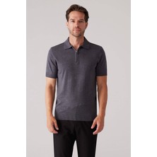 Ysf Erkek Koyu Gri Slim Fit Fermuar Detaylı Polo Yaka Triko Tişört