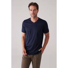 Ysf Erkek Lacivert Slim Fit Merserize Pamuk V Yaka Tişört