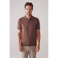 Ysf Erkek Kahverengi Slim Fit Yarım Fermuarlı Pamuk-Kaşmir Polo Tişört