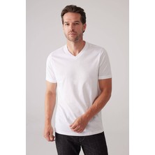 Ysf Erkek Beyaz Slim Fit Merserize Pamuk V Yaka Tişört