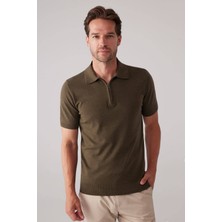 Ysf Erkek Haki Yeşil Slim Fit Yarım Fermuarlı Pamuk-Kaşmir Polo Tişört