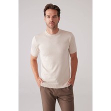 Ysf Erkek Açık Bej Slim Fit Bisiklet Yaka Yazlık Triko Tişört