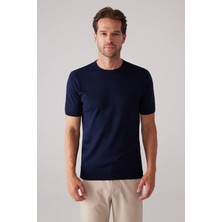 Ysf Erkek Lacivert Slim Fit Bisiklet Yaka Yazlık Triko Tişört