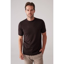 Ysf Erkek Kahverengi Slim Fit Bisiklet Yaka Yazlık Triko Tişört