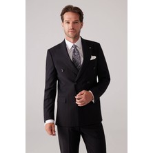 Ysf Erkek Siyah Regular Fit Kruvaze %100 Yün Takım Elbise