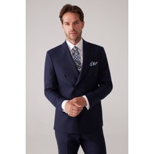 Ysf Erkek Lacivert Slim Fit Kruvaze %100 Yün Takım Elbise