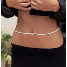 Mey İthalat Taşlı Bel Zincirli Çelik Göbek Piercing, Gümüş
