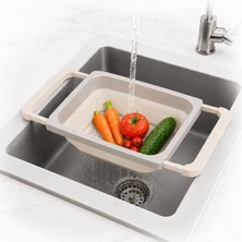 Mey İthalat Ayarlanabilir Katlanır Lavabo Süzgeci, 6,3 Litre, Plastik ve Silikon, Aç Kapa Mutfak Için Tezgah Üstü Pratik Sürgülü Süzgeç, Gıda Ile Temasa Uygun, Bpa Içermez (Bej)