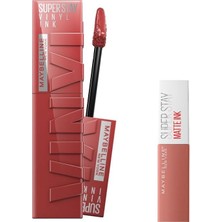 Mey İthalat Maybelline New York Super Stay Vinyl Ink Uzun Süre Kalıcı Likit Parlak Ruj 35 Cheeky & Mini Super Stay Matte Ink Likit Mat Ruj 65 Seductress Makyaj Seti