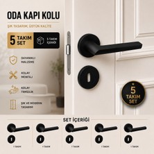 Badem10 (5 Takım Set) Hira Hayal Mat Siyah Oda Kapı Kolu Yuvarlak Rozetli Modern Şık Iç Kapı Kolu