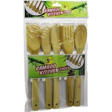 Mey İthalat Aee® 5'li Büyük Boy Doğal Bambu Kaşık Spatula Mutfak Tahta Kaşık Seti 30CM