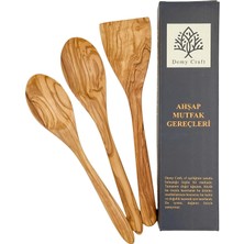 Mey İthalat El Yapımı Zeytin Ağacı Mutfak Seti – 3 Parça Doğal Ahşap Kaşık ve Spatula Seti | 30 cm