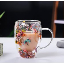 Mey İthalat Çift Cidarlı Borosilikat Cam, Renkli Kuru Çiçek Tasarımlı, 350 ml Kapasiteli, Kulplu, Şeffaf Kahve Kupası