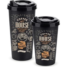 Mey İthalat Titiz 2'li Coffee House Desenli Kahve Bardağı Seti (650 ml + 400 Ml) - Kahverengi Şık Tasarımlı Pipetli Bardak Takımı