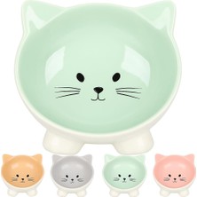 Mey İthalat Flamingo Fl Puzı Kedi Kulaklı Desenli Seramik Mama ve Su Kabı, 125ML, Yeşil
