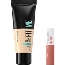 Mey İthalat Maybelline New York Fit Me Matte+Poreless Fondöten 110 Porcelain & Mini Super Stay Matte Ink Likit Mat Ruj 65 Seductress Makyaj Seti