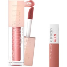 Mey İthalat Maybelline New York Lifter Gloss Nemlendirici Dudak Parlatıcısı 003 Moon & Mini Super Stay Matte Ink Likit Mat Ruj 65 Seductress Makyaj Seti